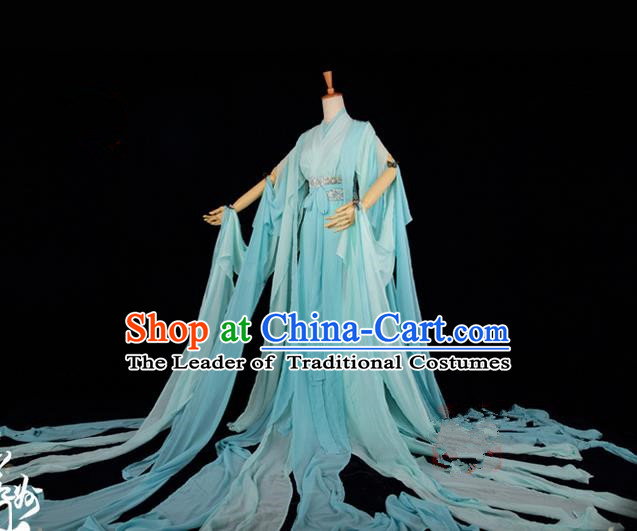 Traditional Asian Chinese Ancient Palace Princess Costume, Elegant Hanfu Water Sleeve Light Green Dress, Chinese Imperial Princess Tailing Clothing, Chinese Fairy Princess Empress Queen Cosplay Costumes for Women