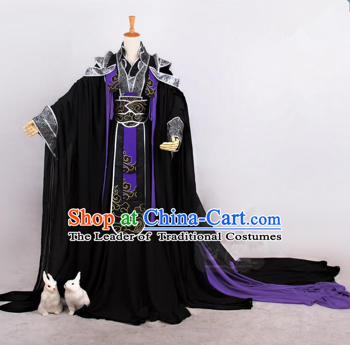 Traditional Asian Chinese Ancient Nobility Childe Costume, Elegant Hanfu Embroidered Black Dress, Chinese Imperial Prince Tailing Embroidered Clothing, Chinese Cosplay Prince Costumes for Men