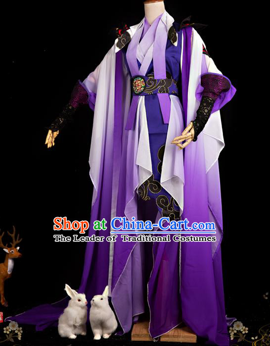Traditional Ancient Chinese Swordsman Costume, Elegant Hanfu Cosplay Fairy Purple Dress Chinese Han Dynasty Imperial Empress Embroidered Tailing Clothing for Women
