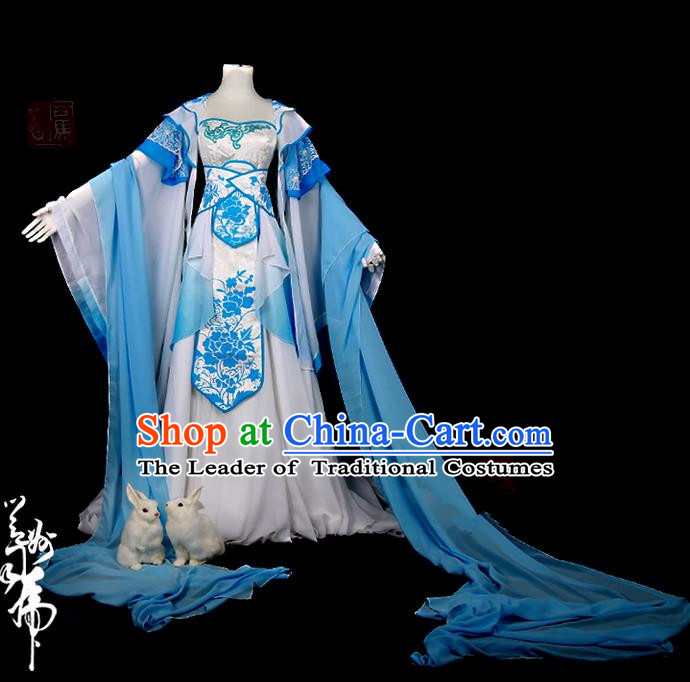 Traditional Ancient Chinese Swordsman Costume, Elegant Hanfu Cosplay Fairy Blue Water Sleeve Dress Chinese Han Dynasty Imperial Empress Embroidered Tailing Clothing for Women