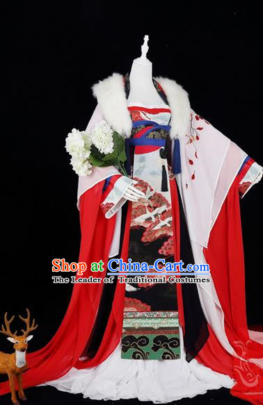 Traditional Ancient Chinese Palace Queen Costume, Elegant Hanfu Cosplay Fairy Wide Sleeve Dress Chinese Tang Dynasty Imperial Empress Embroidery Crane Leaves Tailing Clothing for Women