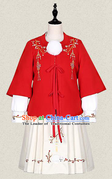 Traditional Ancient Chinese Female Costume Woolen Coat and Skirt Complete Set, Elegant Hanfu Clothing Chinese Ming Dynasty Palace Lady Embroidered Clothing for Women