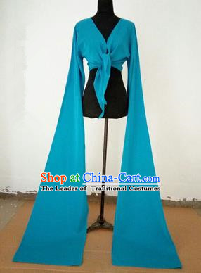 Traditional Chinese Long Sleeve Wide Water Sleeve Dance Suit China Folk Dance Koshibo Long Blue Ribbon for Women