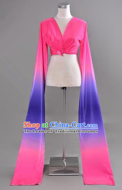 Traditional Chinese Long Sleeve Water Sleeve Dance Suit China Folk Dance Koshibo Long Blue and Pink Gradient Ribbon for Women