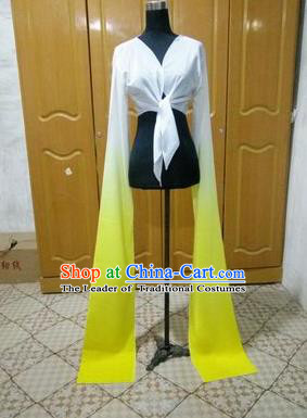 Traditional Chinese Long Sleeve Water Sleeve Dance Suit China Folk Dance Koshibo Long White and Yellow Gradient Ribbon for Women