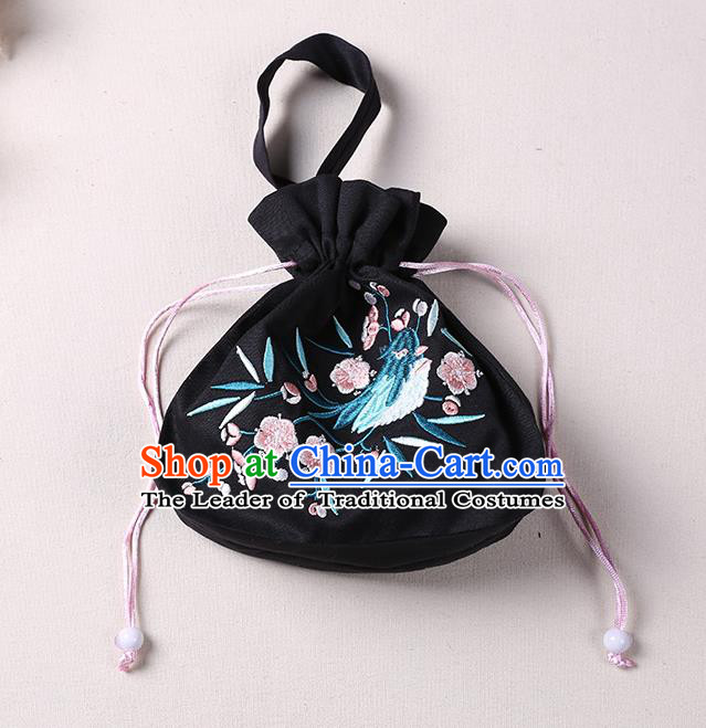 Traditional Ancient Chinese Embroidered Handbags Hanfu Embroidered Bird Flowers Round Black Bag for Women