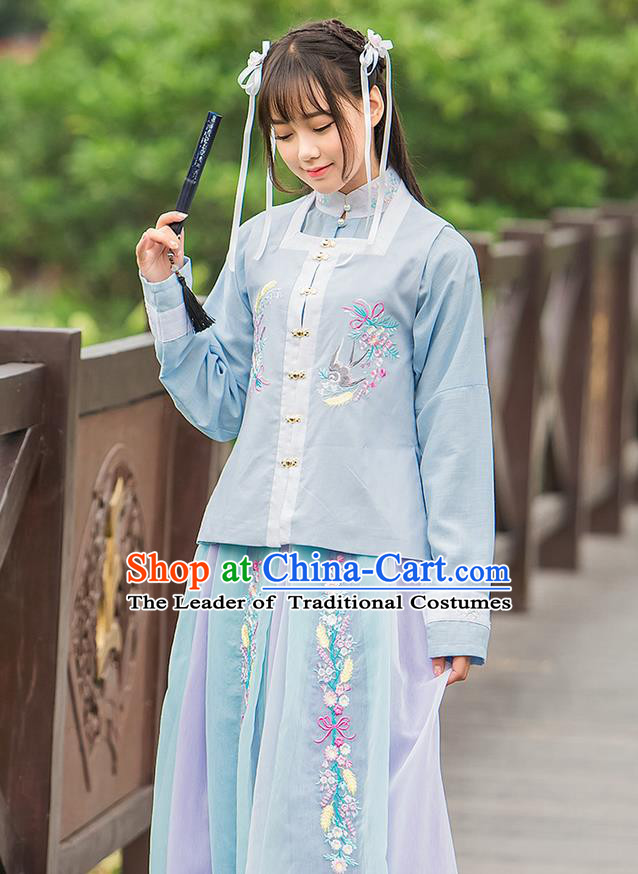 Traditional Ancient Chinese Female Costume Blue Blouse and Dress Complete Set, Elegant Hanfu Clothing Chinese Ming Dynasty Palace Princess Embroidered Swallow Clothing for Women