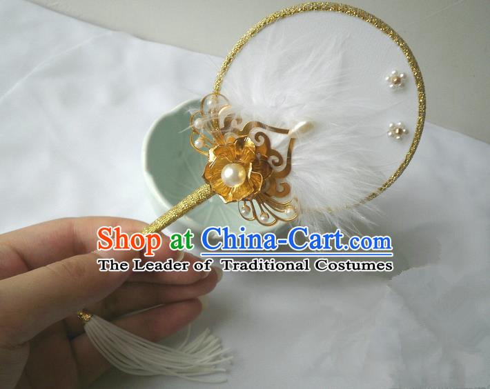 Traditional Chinese Handmade Ancient Hanfu White Plush Little Fan Props