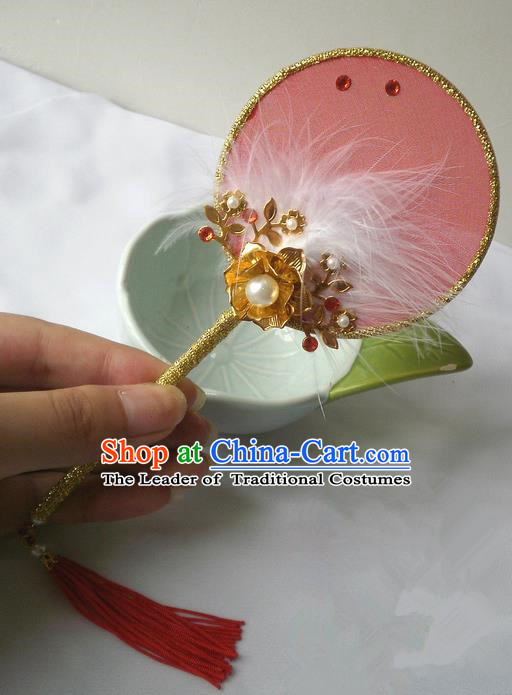 Traditional Chinese Handmade Ancient Hanfu Pink Plush Little Fan Props