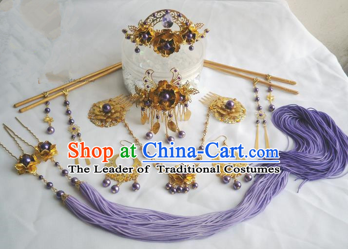 Traditional Handmade Chinese Ancient Classical Violet Gold Hair Accessories Earrings and Necklace Complete Set, Hair Sticks Butterfly Hair Jewellery, Hair Fascinators Hairpins for Women