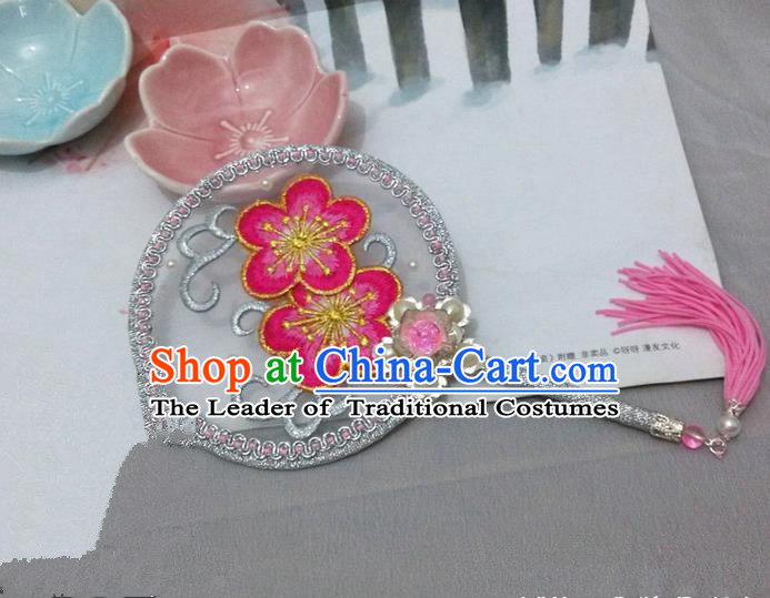 Traditional Chinese Handmade Ancient Hanfu Cosplay Round Embroidered Peach Blossom Fan Props for Women
