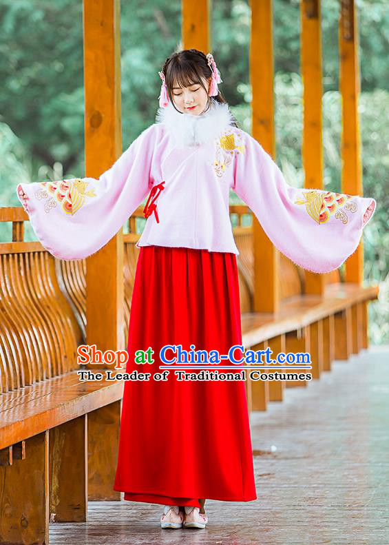 Traditional Ancient Chinese Female Costume Woolen Pink Blouse and Red Dress Complete Set, Elegant Hanfu Clothing Chinese Ming Dynasty Palace Princess Embroidered Carp Clothing for Women