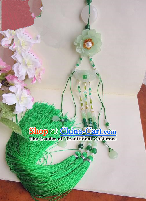 Traditional Chinese Handmade Ancient Hanfu Waist Jewelry Jade Wearing Palace Coloured Glaze Pendant Green Gradient Sword Tassel for Women