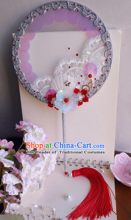 Traditional Chinese Handmade Ancient Hanfu Cosplay Round Coloured Glaze Flowers Fan Props for Women