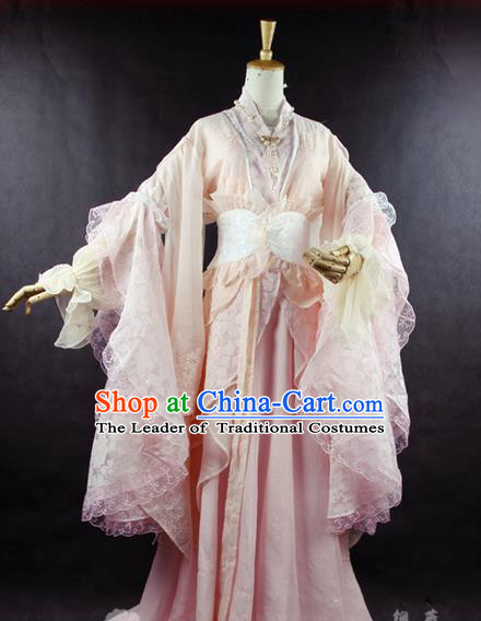 Traditional Ancient Chinese Imperial Consort Costume, Elegant Hanfu Clothing Chinese Tang Dynasty Imperial Empress Cosplay Fairy Tailing Embroidered Pink Dress for Women