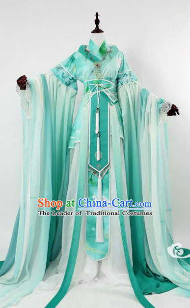 Traditional Ancient Chinese Imperial Consort Costume, Elegant Hanfu Clothing Chinese Tang Dynasty Imperial Empress Cosplay Fairy Tailing Embroidered Green Dress for Women