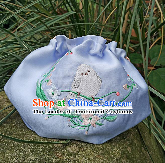 Traditional Ancient Chinese Embroidered Hanfu Handbags Embroidered Bird Blue Bag for Women