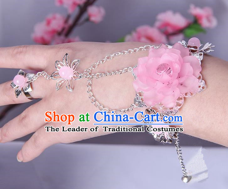 Traditional Handmade Chinese Ancient Princess Classical Accessories Jewellery Pink Flowers Bracelets Chain Bracelet with Ring for Women