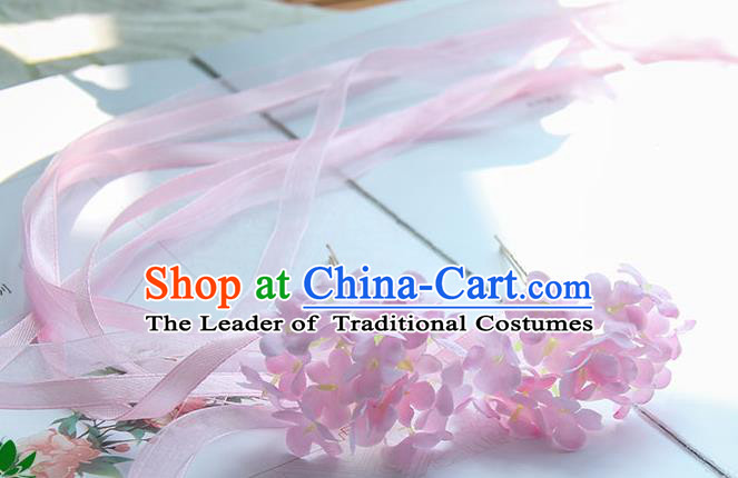 Traditional Handmade Chinese Ancient Princess Classical Accessories Jewellery Pearl Hair Sticks Long Ribbon Pink Hair Claws, Hair Fascinators Hairpins for Women