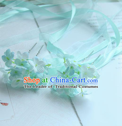 Traditional Handmade Chinese Ancient Princess Classical Accessories Jewellery Hair Sticks Long Ribbon Blue Hair Claws, Hair Fascinators Hairpins for Women