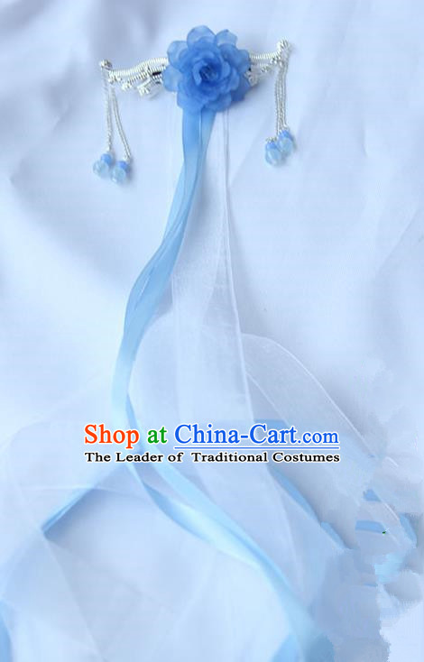 Traditional Handmade Chinese Ancient Princess Classical Accessories Jewellery Hanfu Hair Sticks Long Ribbon Blue Hair Claws, Hair Fascinators Hairpins for Women