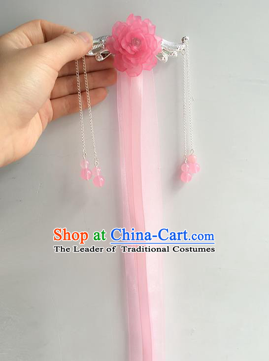 Traditional Handmade Chinese Ancient Princess Classical Accessories Jewellery Hanfu Hair Sticks Long Ribbon Pink Hair Claws, Hair Fascinators Hairpins for Women
