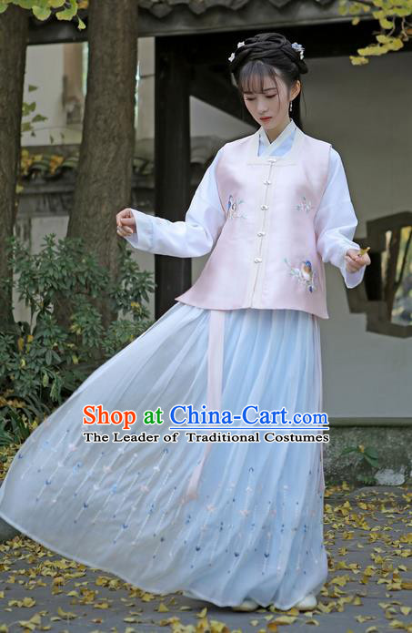 Traditional Ancient Chinese Female Costume Embroidered Flowers Birds Vest Blouse and Dress Complete Set, Elegant Hanfu Clothing Chinese Ming Dynasty Embroidered Palace Princess Clothing for Women