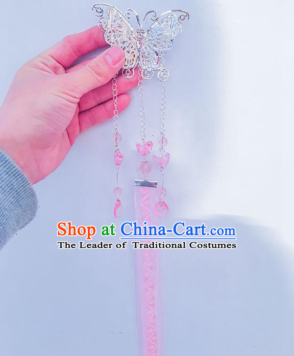 Traditional Handmade Chinese Ancient Princess Classical Hanfu Accessories Jewellery Long Pink Ribbons Hair Sticks Butterfly Hair Claws, Tassel Hair Fascinators Hairpins for Women