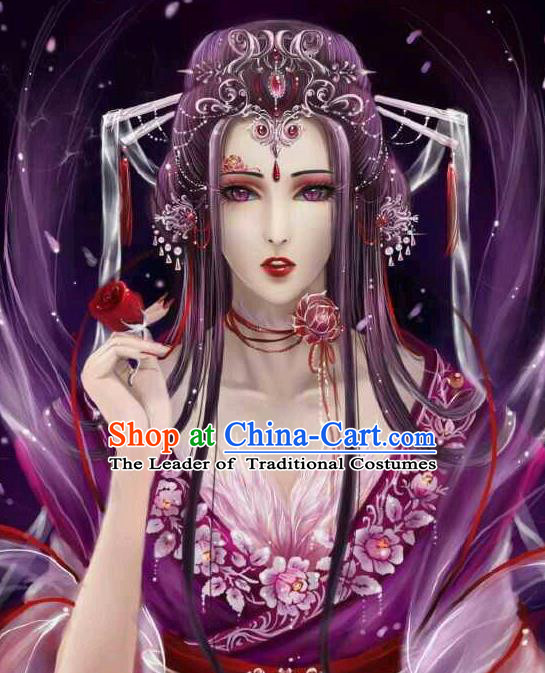 Traditional Handmade Ancient Chinese Han Dynasty Imperial Princess Hair Decoration Ox Hair Clasp and Wig Complete Set, Ancient Chinese Hanfu Cosplay Fairy Young Lady Headwear and Wig for Women