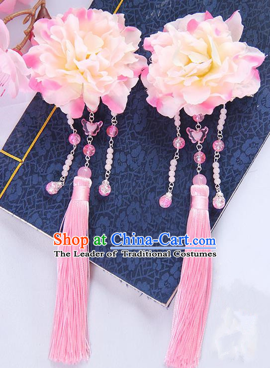 Traditional Handmade Chinese Ancient Princess Classical Hanfu Accessories Jewellery Pink Silk Flowers Hair Sticks Hair Claws, Tassel Hair Fascinators Hairpins for Women