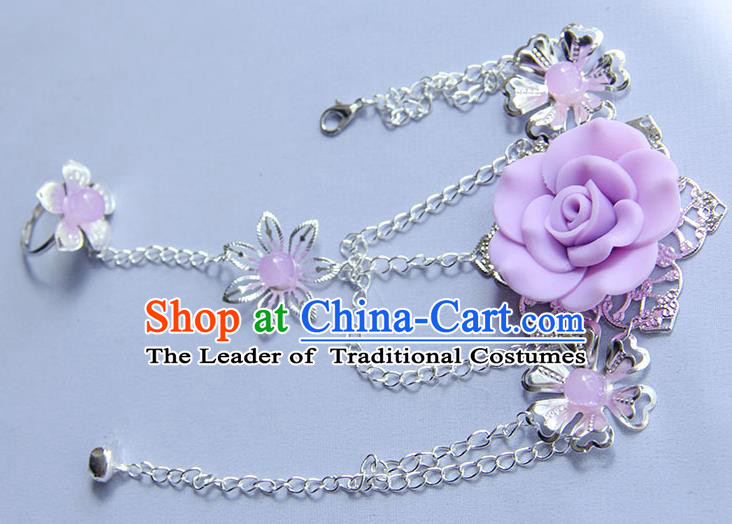 Traditional Handmade Chinese Ancient Princess Classical Hanfu Accessories Jewellery Lavender Flower Bracelet and Ring Chain for Women