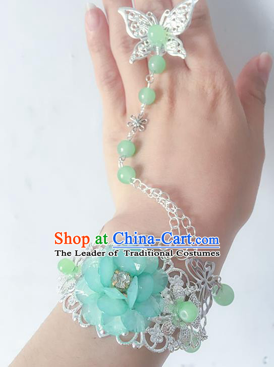 Traditional Handmade Chinese Ancient Princess Classical Hanfu Accessories Jewellery Blue Flower Butterfly Bracelet and Ring Chain for Women