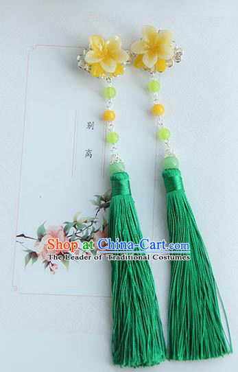 Traditional Handmade Chinese Ancient Princess Classical Hanfu Accessories Jewellery Silk Flowers Green Tassel Hair Step Shake Hair Claws, Tassel Hair Fascinators Hairpins for Women