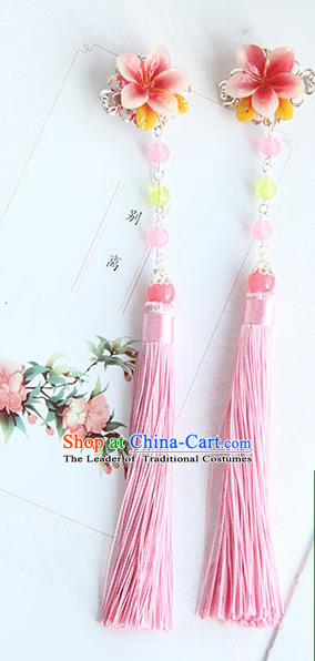 Traditional Handmade Chinese Ancient Princess Classical Hanfu Accessories Jewellery Silk Flowers Pink Tassel Hair Step Shake Hair Claws, Tassel Hair Fascinators Hairpins for Women