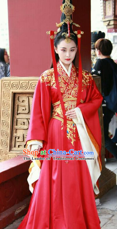 Traditional Ancient Chinese Imperial Empress Wedding Costume, Elegant Hanfu Bride Red Dress Chinese Han Dynasty Imperial Queen Tailing Embroidered Clothing for Women