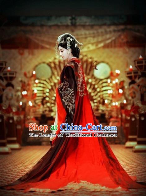 Traditional Ancient Chinese Imperial Empress Costume, Elegant Hanfu Wedding Dress Chinese Han Dynasty Imperial Empress Tailing Embroidered Phoenix Clothing for Women