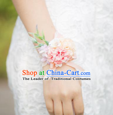Top Grade Classical Wedding Silk Flowers, Bride Emulational Pink White Wrist Flowers Bracelet Flowers for Women