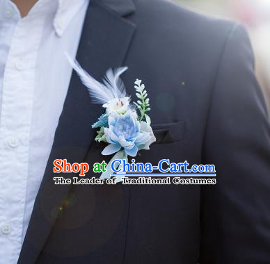 Top Grade Classical Wedding Silk Flowers,Groom Emulational Corsage Groomsman Blue Feather Brooch Flowers for Men