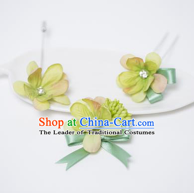 Traditional Handmade Classical Hair Accessories Bride Wedding Green Flowers Barrettes and Brooch Complete Set, Hair Sticks Hair Claws, Hair Fascinators Hairpins for Women