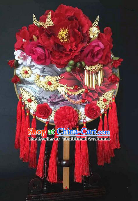 Traditional Handmade Chinese Ancient Classical Wedding Accessories Decoration, Bride Wedding Flowers Round Fan, Hanfu Xiuhe Suit Palace Red Dragon Phoenix Fan for Women