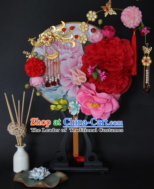 Traditional Handmade Chinese Ancient Classical Wedding Accessories Flowers Decoration, Bride Wedding Flowers Round Fan, Hanfu Xiuhe Suit Palace Phoenix Fan for Women