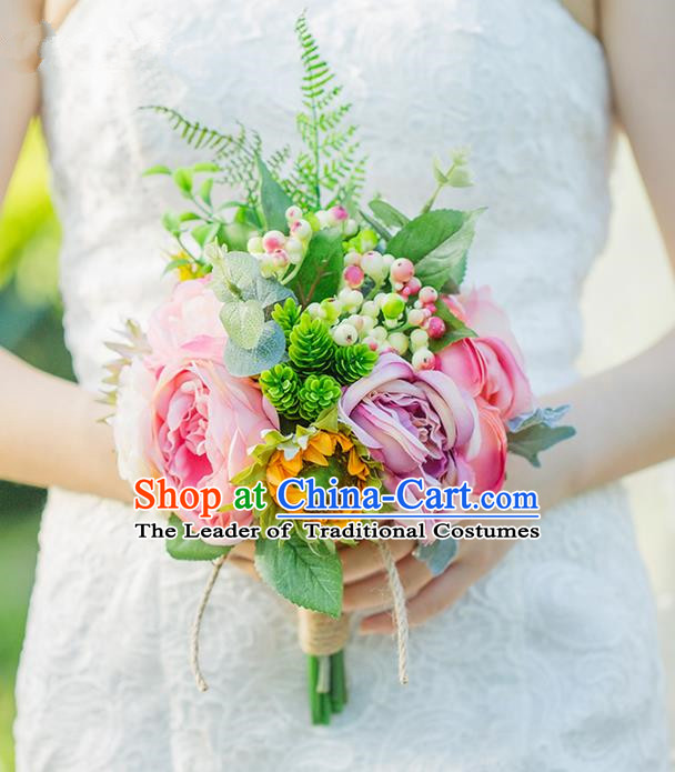 Top Grade Classical Wedding Silk Flowers Ball, Bride Holding Emulational Flowers, Hand Tied Bouquet Pink Flowers for Women