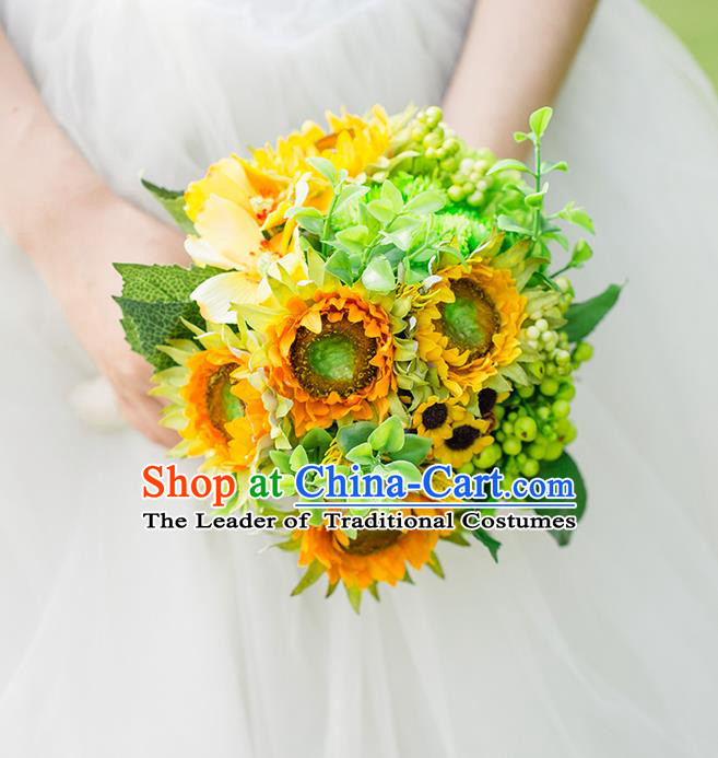Top Grade Classical Wedding Silk Flowers Sunflower Ball, Bride Holding Emulational Flowers, Hand Tied Bouquet Flowers for Women