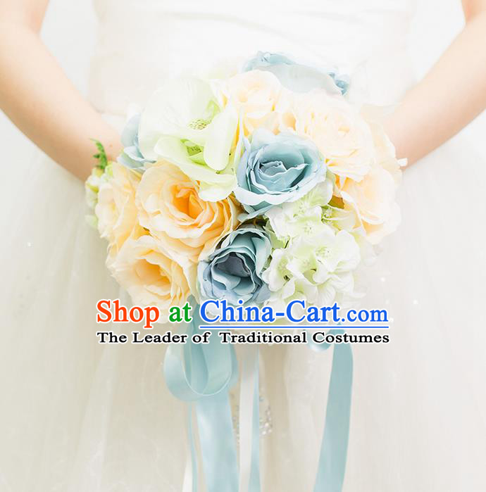 Top Grade Classical Wedding Silk Flowers Blue Flowers Ball, Bride Holding Emulational Flowers, Hand Tied Bouquet Flowers for Women