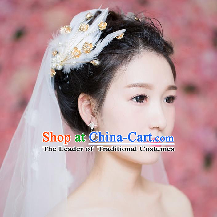 Handmade Chinese Classical Hair Accessories Wedding Hair Sticks Hair Jewellery, Bride Royal Crown Pearl Feather Hair Claw for Women