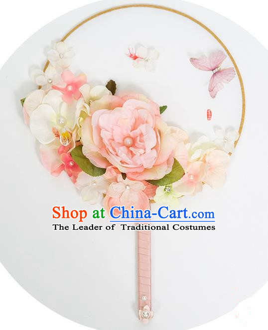 Traditional Handmade Chinese Ancient Classical Wedding Accessories Decoration, Bride Wedding Flowers Round Fan, Hanfu Xiuhe Suit Palace Flowers Fan for Women