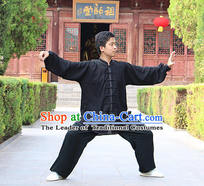 Traditional Chinese Top Linen Kung Fu Costume Martial Arts Kung Fu Training Black Uniform, Tang Suit Gongfu Shaolin Wushu Clothing, Tai Chi Taiji Teacher Suits Uniforms for Men