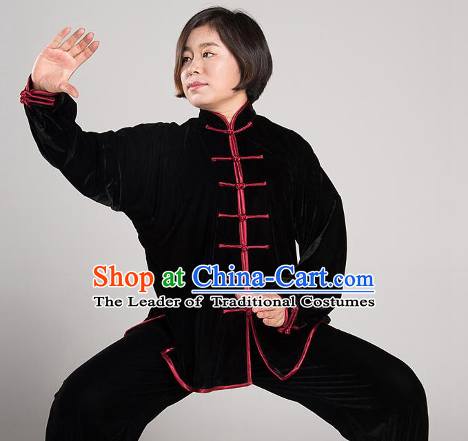 Traditional Chinese Top Pleuche Kung Fu Costume Martial Arts Kung Fu Training Black Uniform, Tang Suit Gongfu Shaolin Wushu Clothing, Tai Chi Taiji Teacher Suits Uniforms for Women