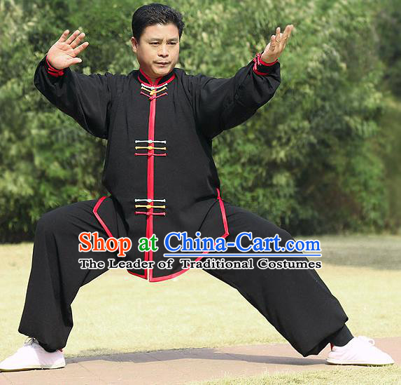 Traditional Chinese Top Silk Cotton Kung Fu Costume Martial Arts Kung Fu Training Colorful Plated Buttons Black Uniform, Tang Suit Gongfu Shaolin Wushu Clothing, Tai Chi Taiji Teacher Suits Uniforms for Men