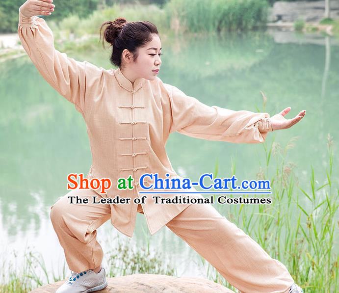 Traditional Chinese Top Linen Kung Fu Costume Martial Arts Kung Fu Training Wheat Uniform, Tang Suit Gongfu Shaolin Wushu Clothing, Tai Chi Taiji Teacher Suits Uniforms for Women